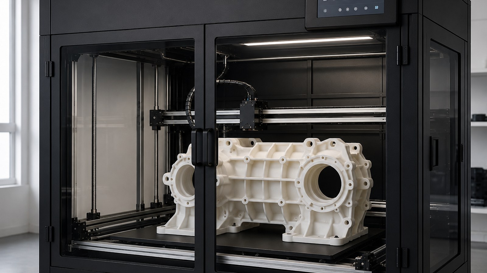 Imprimante 3D industrielle grand format avec grande pièce blanche imprimée